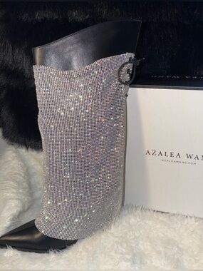 azalea wang chevelle stretch mesh rhinestone thigh high dress boots Azalea Wang Boots Chevelle Stretch Mesh Rhinestone Thigh High Dress